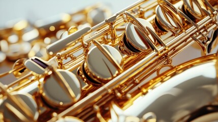 Golden saxophone with shiny brass body and detailed keys, isolated on white background