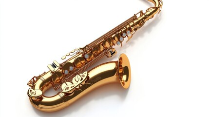 Fototapeta premium Golden saxophone with shiny brass body and detailed keys, isolated on white background