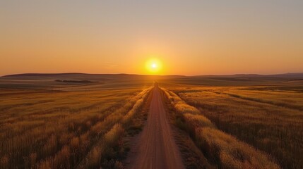 Fototapeta premium Serene Sunset Over Rural Dirt Road Landscape