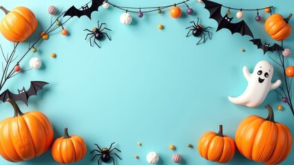 Frame Halloween party decorations on blue background with copy space.  Flat lay composition with pumpkins, ghosts, bats, spiders and bunting garland. Happy Halloween Invite