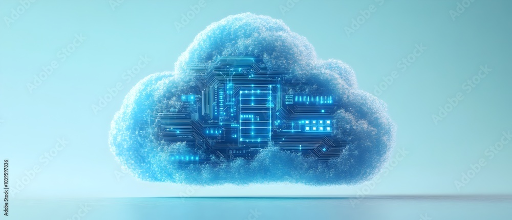 Poster blue cloud computing icon with circuit design on light blue background