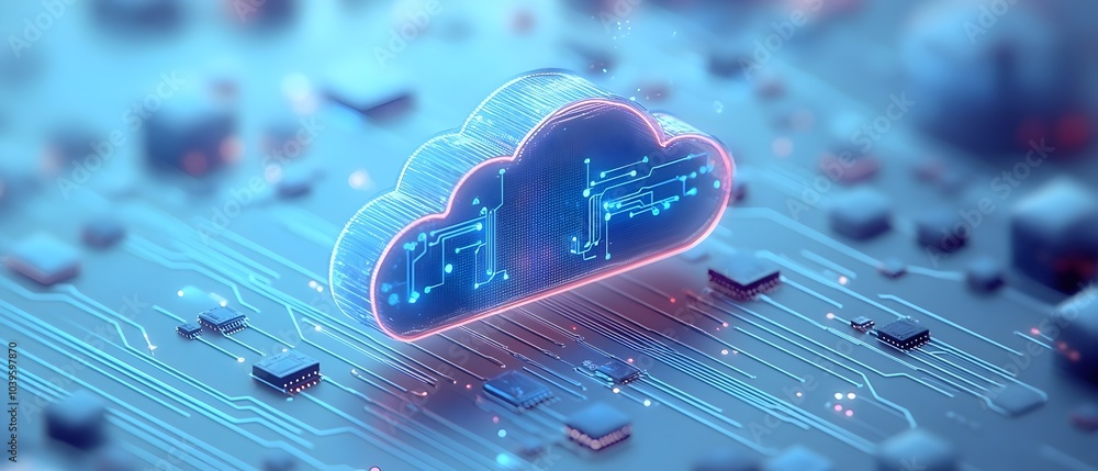 Poster blue cloud computing icon with circuit design on light blue background 3d rendering of futuristic