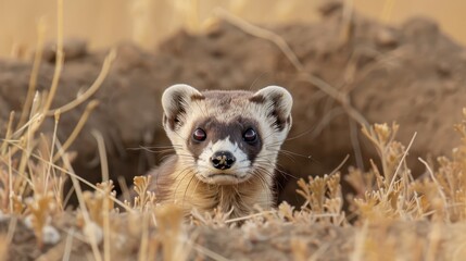 Fototapeta premium Black-Footed Ferret Peeking from Burrow