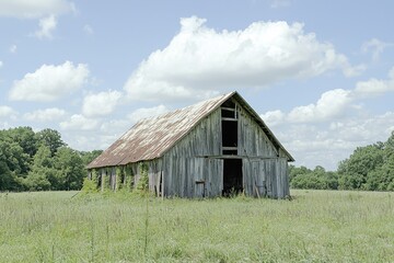 Obraz premium A dilapidated, abandoned barn in the middle of a vast, overgrown field, collapsed roof, weathered wood, and rusting tools, with space for text in the open sky, capturing rural decay and solitude. 
