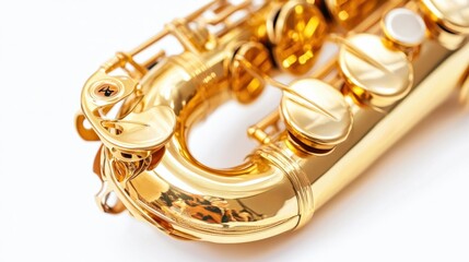 Mouthpiece of a shiny saxophone, close-up detail, isolated on white background