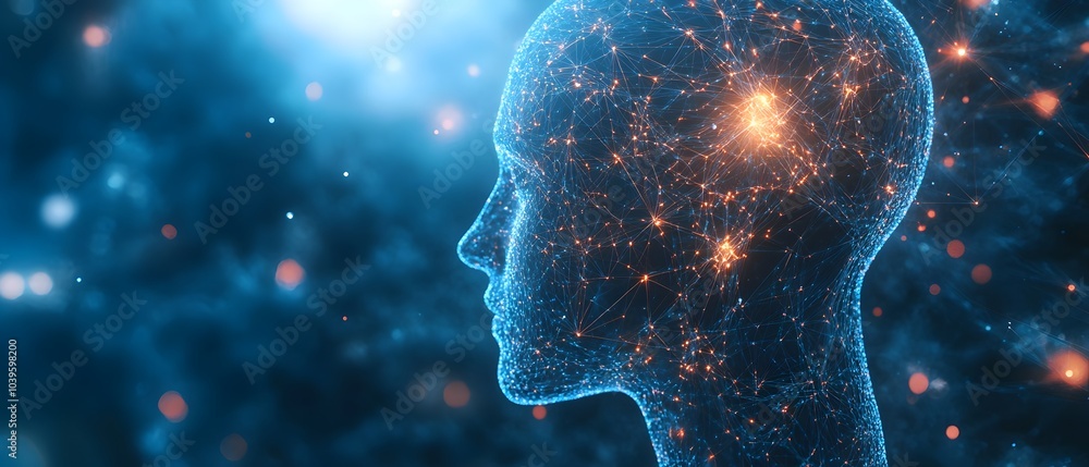 Poster digital representation of neural network in futuristic head