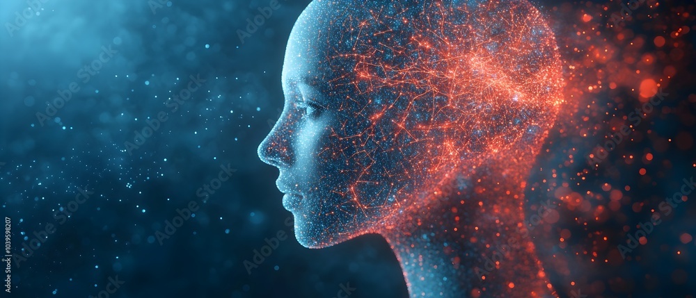 Poster digital representation of human head with neural network on abstract blue background concept of