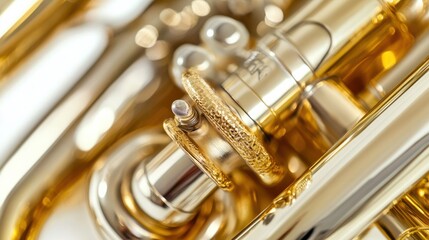 Fototapeta premium Mouthpiece of a trombone with brass body, close-up shot, isolated on white background
