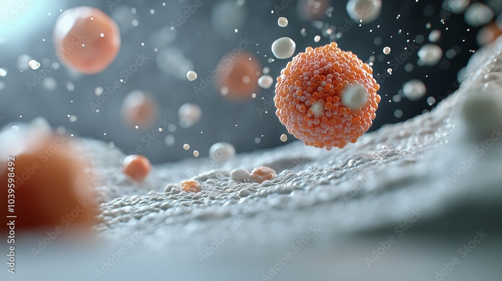 Poster dynamic abstract spheres: peach and white spheres suspended in motion, creating a visually stunning 