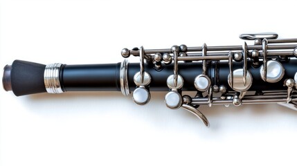 Fototapeta premium Polished black clarinet with silver keys, isolated on white background
