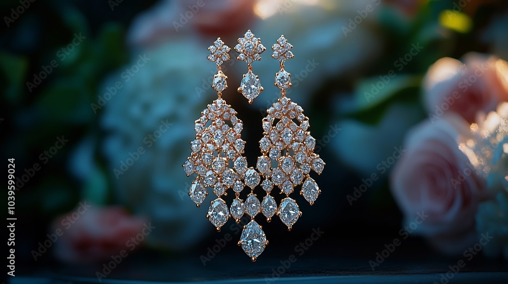 Poster intricate chandelier earrings cascading diamonds isolated on a simple minimalistic surface highlight