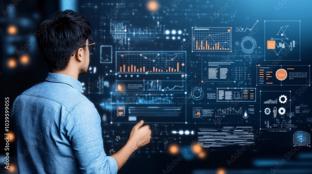 Poster data driven decisions: a young professional analyzes data visualizations on a large digital screen, 