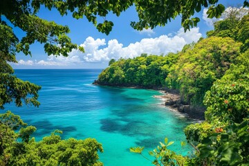 Experience a stunning view of an exotic bay framed by lush tropical greenery and the ocean, providing a perfect sense of seclusion and tranquility.
