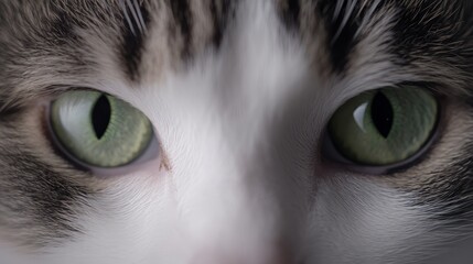  A tight shot of a feline's emerald eyes against a backdrop of a black and white cat's head