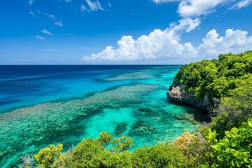 Fototapeta premium This image captures a picturesque tropical island with clear skies and vibrant blue waters, highlighting the serene and tranquil nature of island life.