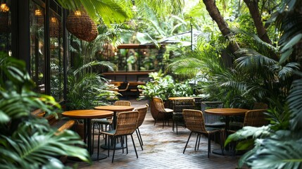 Fototapeta premium A lush green garden with a patio area with tables and chairs