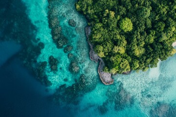 Obraz premium This image shows a breathtaking aerial view of a vivid coral reef bordering a lush, dense canopy of trees, reflecting a balance between land and sea environments.