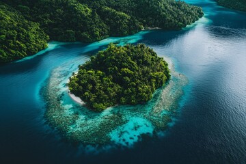 This image presents a pristine island surrounded by breathtakingly clear blue waters, highlighting the unspoiled natural beauty and isolation of the location.