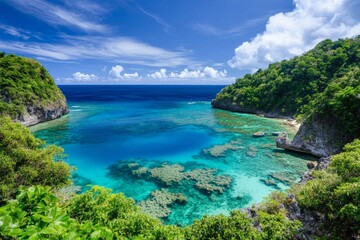 Obraz premium A captivating shot of a scenic cove featuring deep blue waters surrounded by lush green landscapes, offering a stunning natural spectacle.