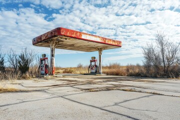 A lonely, decaying gas station on a desolate highway, rusted pumps, broken windows, and overgrown asphalt, with space in the sky for text, evoking isolation and abandonment in a barren landscape. 