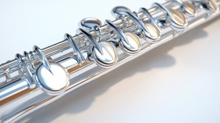 Fototapeta premium Shiny flute with polished silver body and detailed keys, isolated on white background
