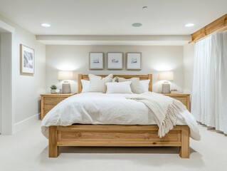 Guest bedroom basement with light wood furniture, white walls, and soft pastel bedding for a peaceful and cozy atmosphere
