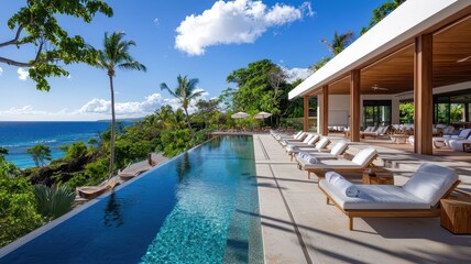 Fototapeta premium Exclusive sunny poolside oasis with chic loungers and refreshing blue waters for ultimate relaxation and luxury.