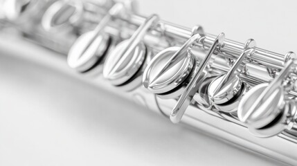 Shiny flute with polished silver body and detailed keys, isolated on white background