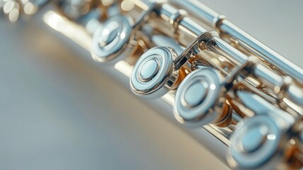 Shiny flute with polished silver body and detailed keys, isolated on white background