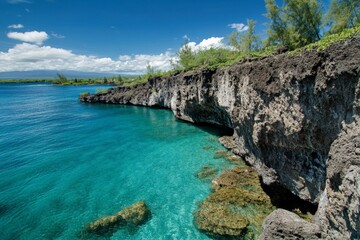 Fototapeta premium Sunlight bathes rocky cliffs meeting vibrant blue waters, creating a striking contrast, showcasing raw natural beauty and geological formations of the coastline.