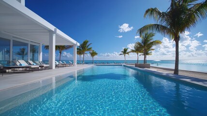 Fototapeta premium Exclusive sunny poolside oasis with chic loungers and refreshing blue waters for ultimate relaxation and luxury.