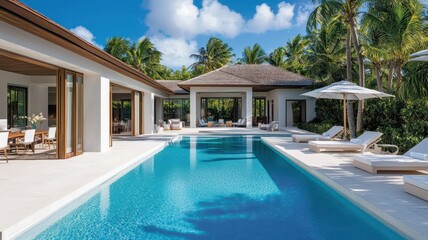 Fototapeta premium Exclusive sunny poolside oasis with chic loungers and refreshing blue waters for ultimate relaxation and luxury.