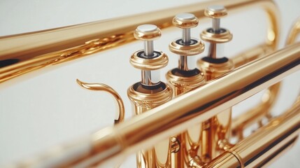 Obraz premium Shiny trumpet with golden brass finish and detailed valves, isolated on white background