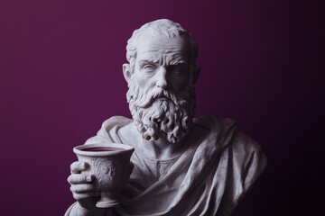Obraz premium A detailed sculpture depicting a bearded figure in classical attire, holding a cup, with a purple background adding depth and drama to the scene.