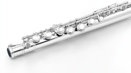 Fototapeta premium Silver piccolo with polished keys, isolated on white background