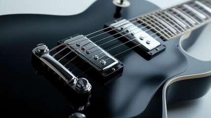 Sleek black electric guitar with detailed strings and knobs, isolated on white background