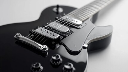 Sleek black electric guitar with detailed strings and knobs, isolated on white background