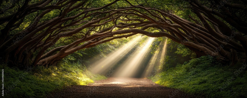 Poster sunlight filtering through a lush green forest, creating a serene natural pathway.