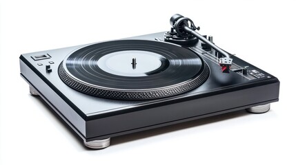 Fototapeta premium Sleek DJ turntable with black vinyl record, isolated on white background