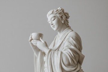 A serene marble statue, dressed elegantly, holds an ornate cup with grace, standing calmly in a minimalistic setting, exuding tranquility and timelessness.