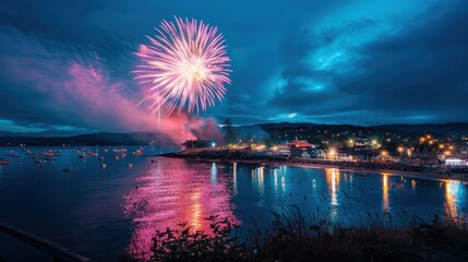 Vibrant Fireworks Display Over Serene Waterfront Scene