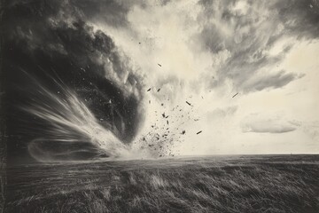 A black and white image of a tornado, as it spins ferociously across a grassy plain, invoking a sense of chaos and power through its magnificent swirling motion.