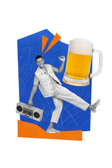 Creative poster collage of excited happy man walking dance hold boom box big beer mug enjoy party disco pub alcohol have fun dancer friday © deagreez
