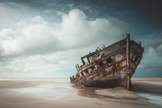 A long-forgotten shipwreck stranded on a deserted shore, half-submerged in sand, rusting hull exposed, with room for text in the sky above, symbolizing lost voyages and forgotten adventures.