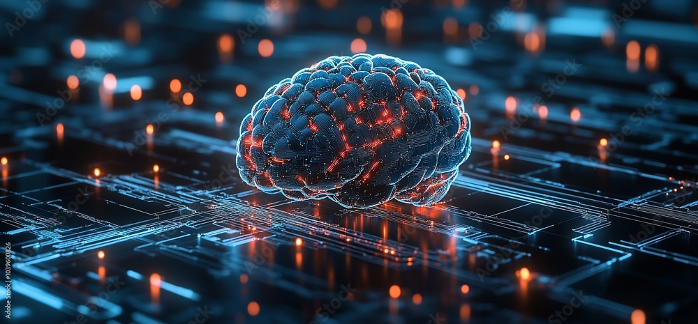 Aufkleber 3D rendered human brain on a circuit board, representing artificial intelligence and technology.