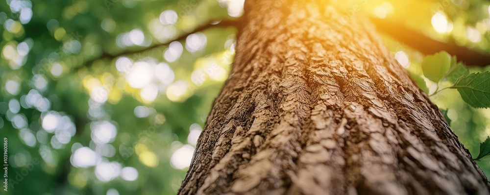 Poster close-up of a tree trunk with sunlight shining through green foliage.