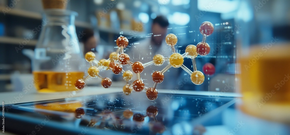 Poster A 3D molecular model appears to float over a tablet in a laboratory setting.