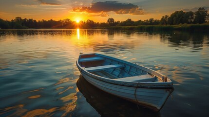 Fototapeta premium Serene Sunset Over a Small Boat on the River