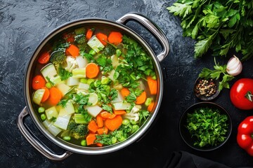 Flavorful broth brimming with fresh vegetables and savory seasonings, a comforting dish for all seasons.