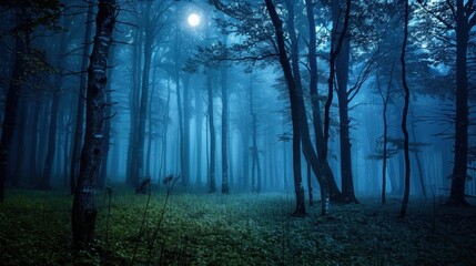 Fototapeta premium Quiet Foggy Forest Under Soft Moonlight at Night